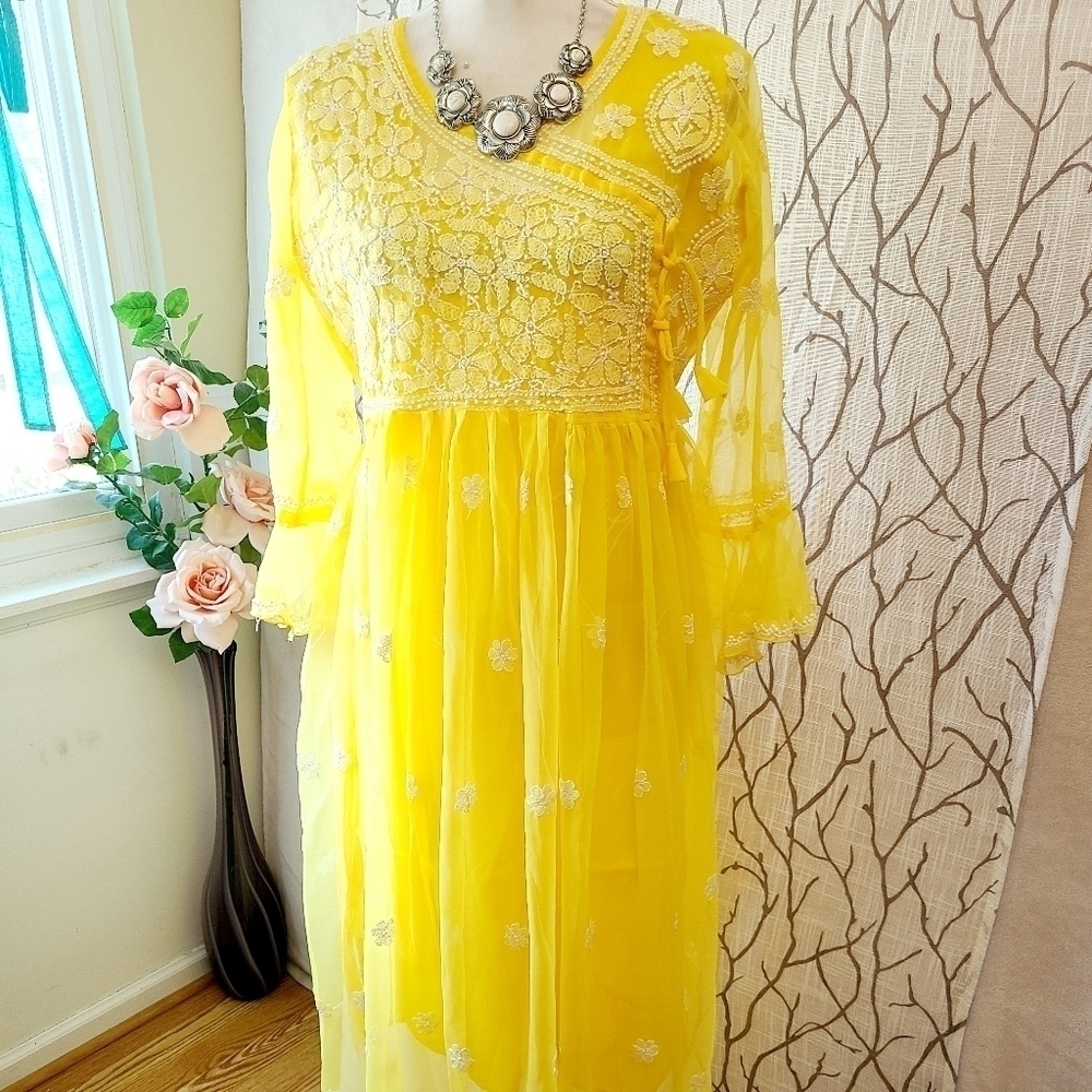 Yellow chikankari Anarkali maxi kurti dress - Picture 1 of 6